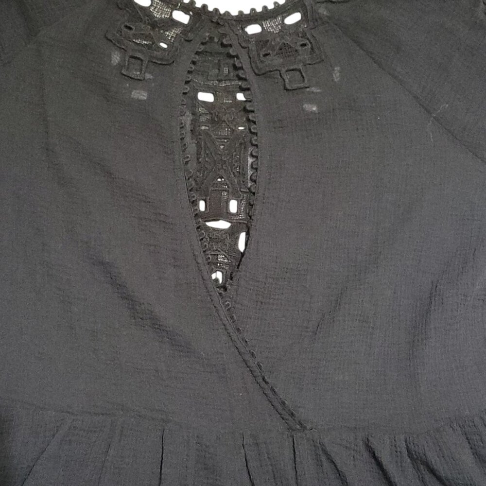Free People Black Boho Tunic Mini Dress S Cotton Gauze Lace Goth Witchy Coquette - Picture 15 of 16